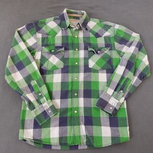 Ditch Plains Womens Shirt Small Green Plaid Pearl Snap Western Cowgirl Ranch Top